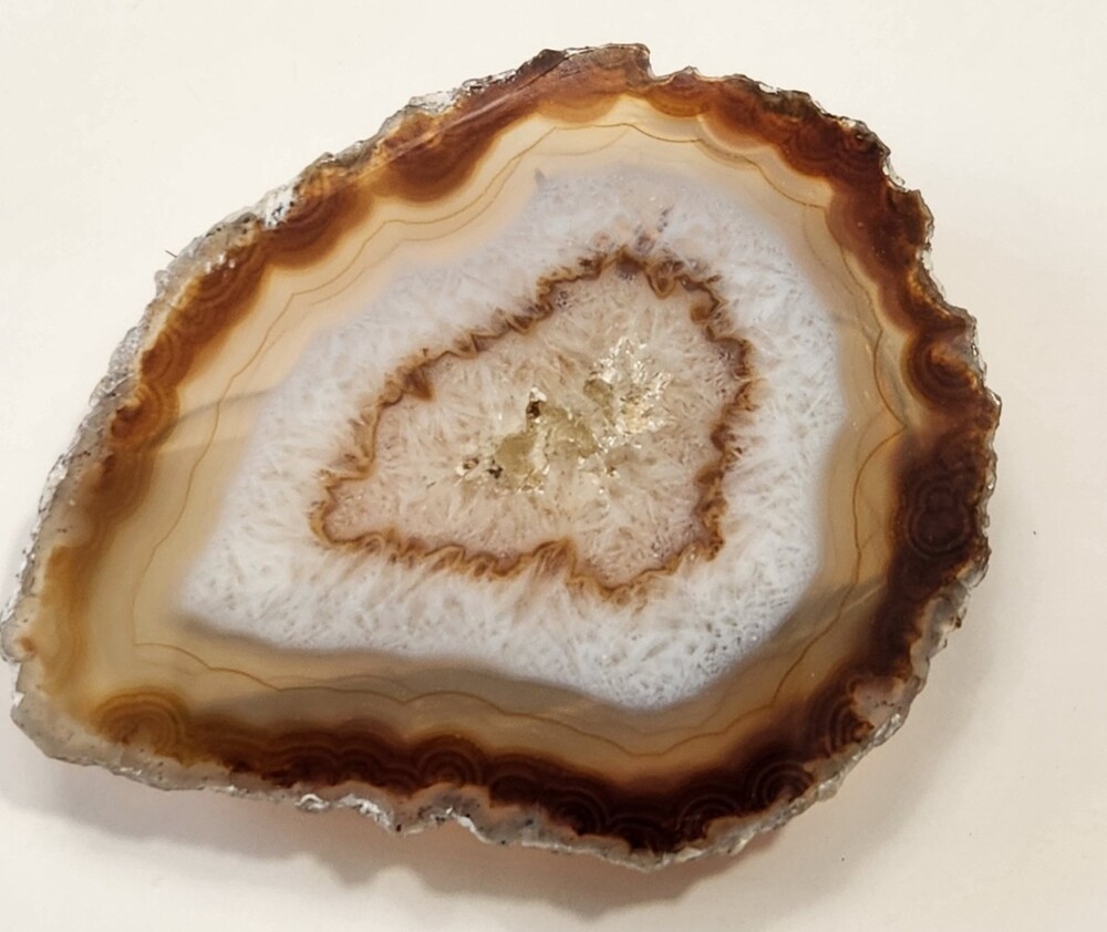 Polished Agate Slice Magnetic Brooch Pin Banded Brown White Brazil Morocco Boho